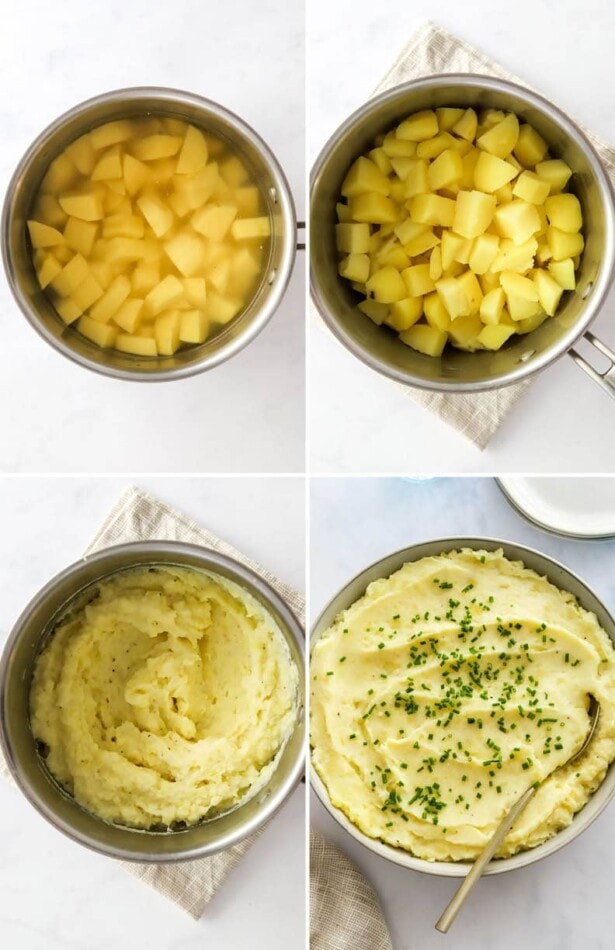 Collage of four photos showing steps to make healthy mashed potatoes: cooking the potatoes and then mashing them and serving them.