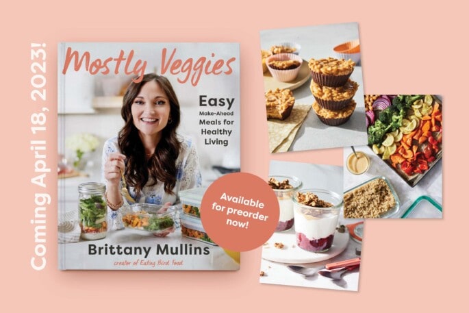 Promo graphic for Mostly Veggies Cookbook by Brittany Mullins