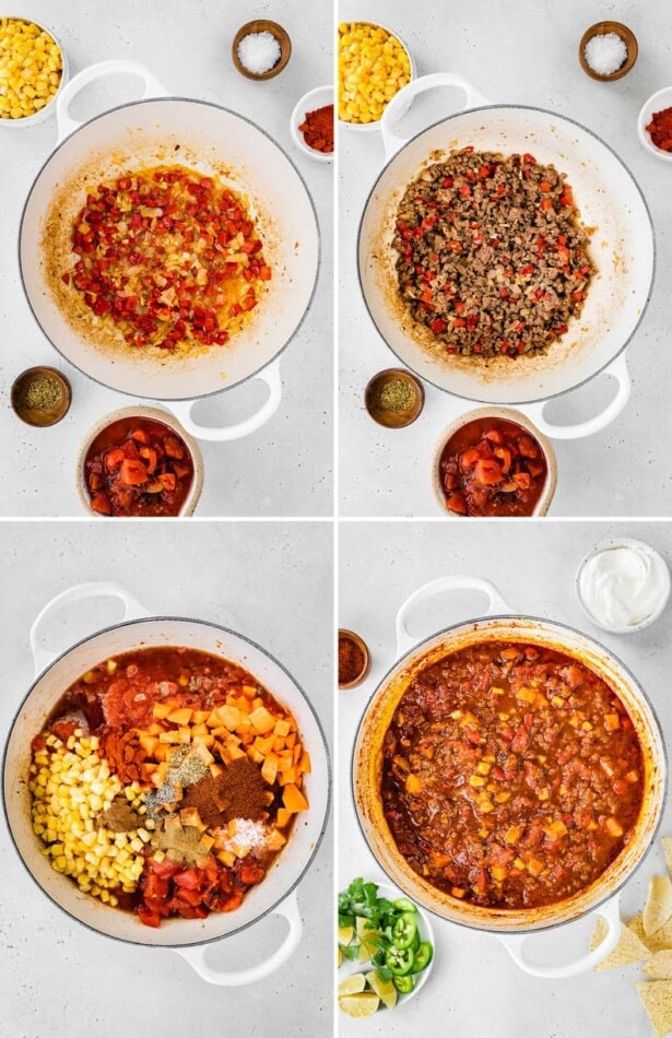 Collage of four photos showing the steps to make no-bean chili.