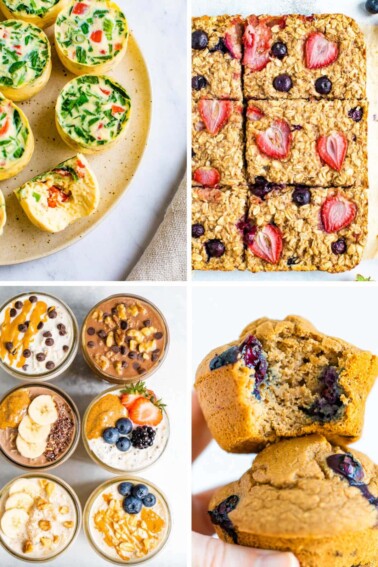 Collage of egg bites, oatmeal bars, overnight oats and blueberry muffins.