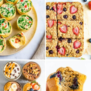 Collage of egg bites, oatmeal bars, overnight oats and blueberry muffins.