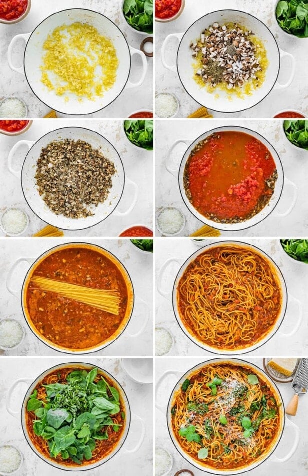 Collage of 8 photos showing the steps to make one pot pasta: sautéing veggies, adding broth, sauce and tomatoes, adding spaghetti to cook in the sauce and then finishing the dish off with basil, spinach and parmesan cheese.