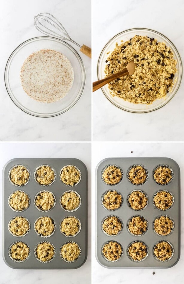 Collage of four photos showing making the batter for Peanut Butter Banana Oatmeal Cups and then baking in a muffin tin.