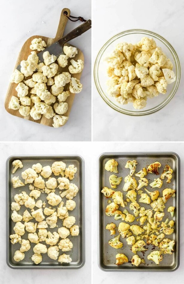 Collage of four photos showing the steps to make roasted cauliflower: chopping the cauliflower, adding spices and then roasting on a pan.