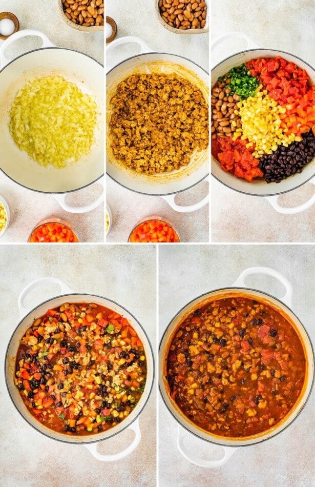 Collage of five photos showing how to make taco soup.