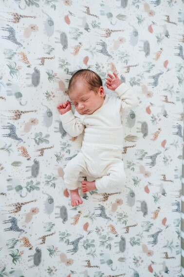 A newborn baby boy in a crib with safari sheets.