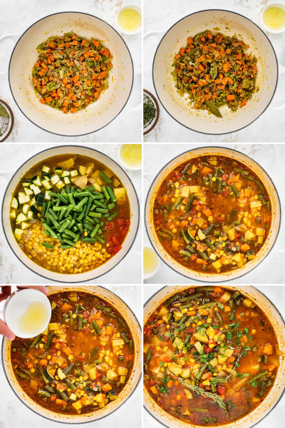 Six photos showing the steps to make homemade vegetable soup.