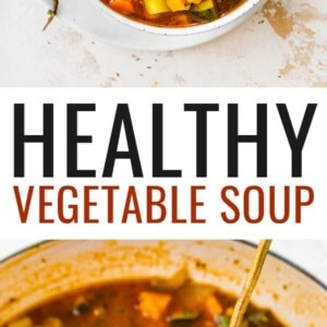 Vegetable soup served in a bowl on a plate with crusty bread. Photo below is a dutch oven of vegetable soup. A ladle is taking a scoop of the soup.