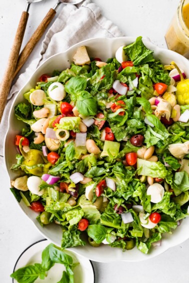 Antipasto salad in a large serving bowl.