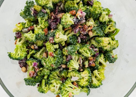 Broccoli cranberry salad in a mixing bowl.