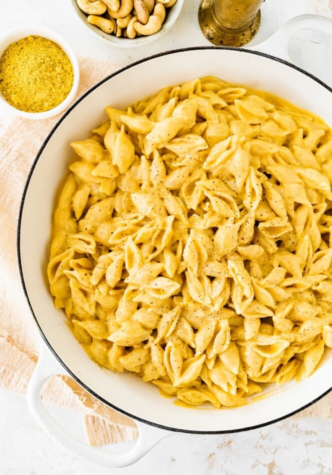 A pot of butternut squash mac and cheese.