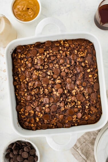 A baking dish containing cauliflower brownie baked oatmeal.