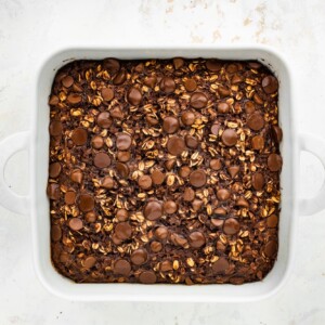 Cauliflower brownie baked oatmeal in a baking dish.