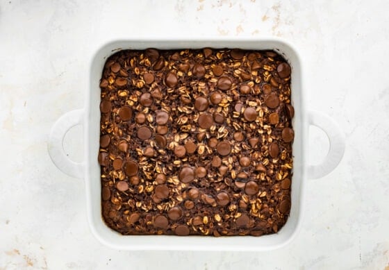 Cauliflower brownie baked oatmeal in a baking dish.