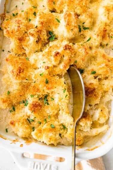 Cauliflower gratin in a baking dish with a serving spoon.