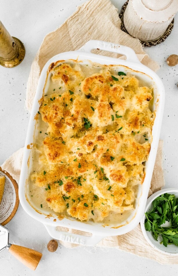 Cauliflower gratin in a baking dish.