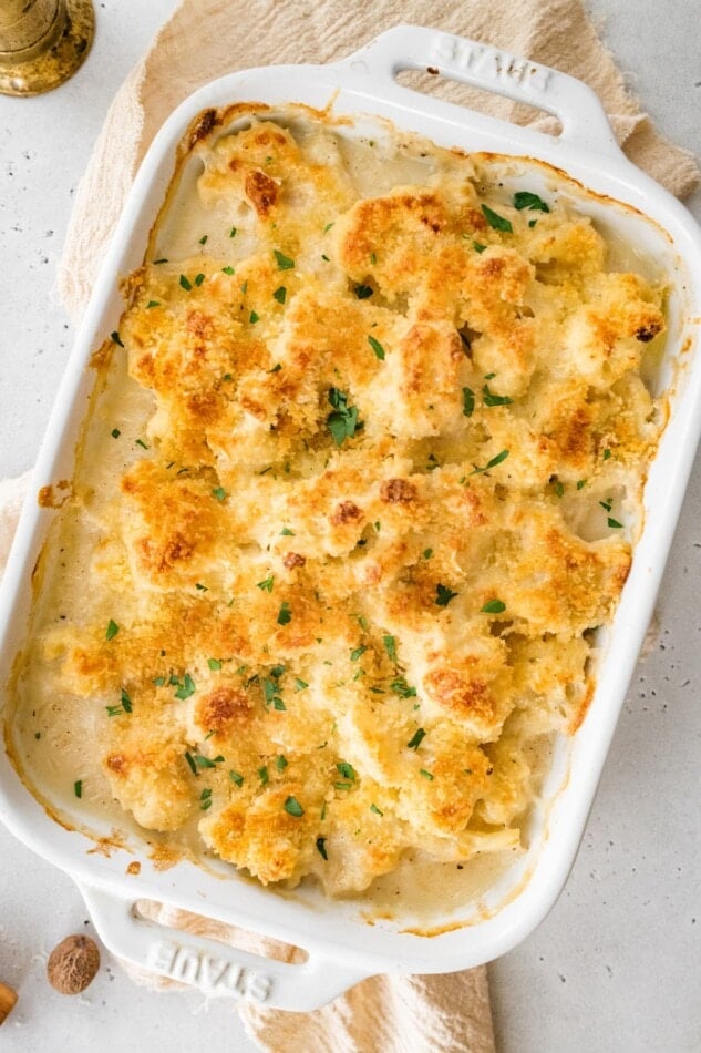 Low carb cauliflower gratin in a baking dish.