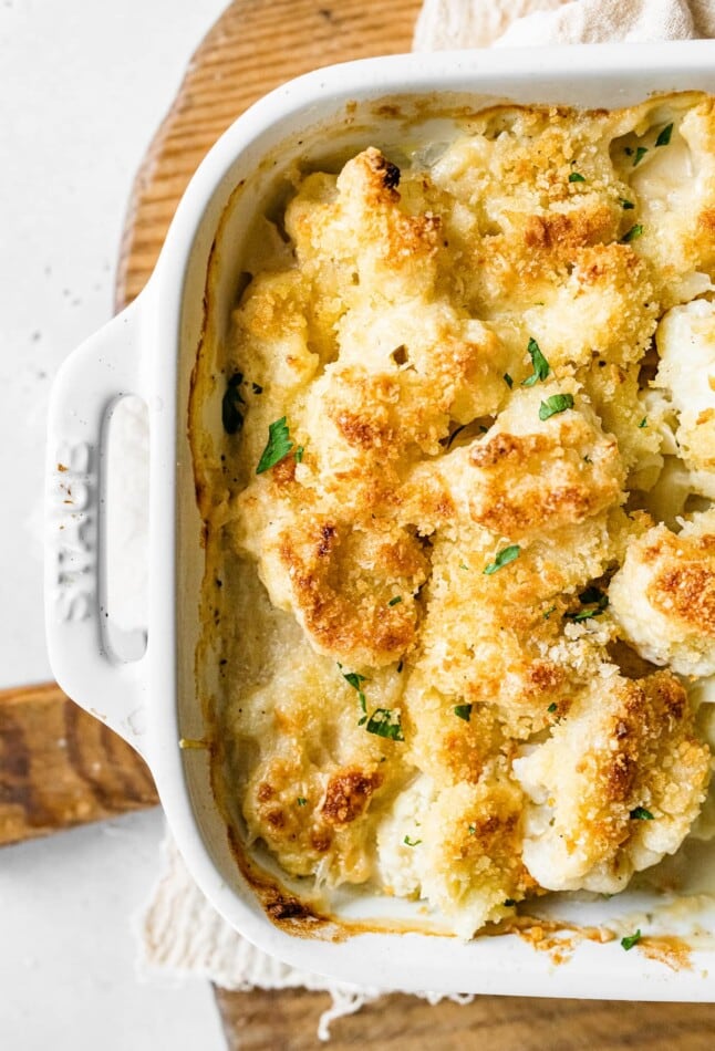 Cauliflower gratin in a baking dish.