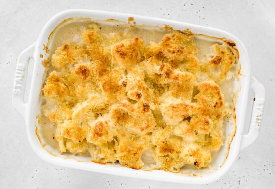 Baked cauliflower gratin in a baking dish.