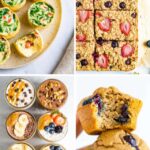 Collage of egg bites, oatmeal bars, overnight oats and blueberry muffins.