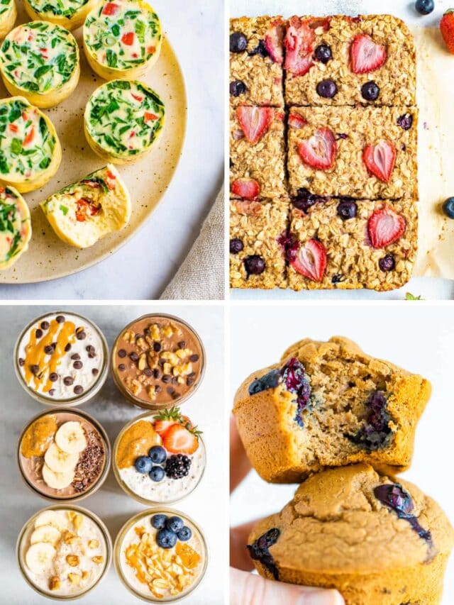 Collage of egg bites, oatmeal bars, overnight oats and blueberry muffins.