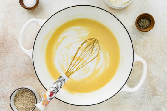 Butter and flour whisked together in a pot.