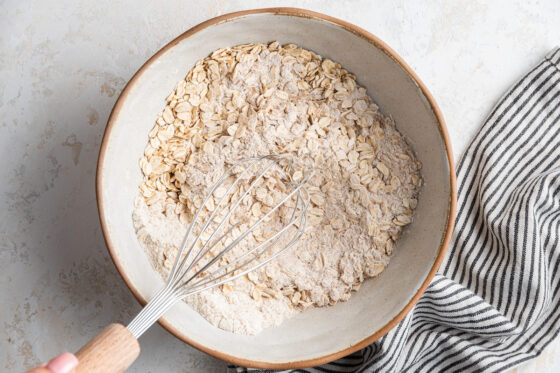 Dry ingredients whisked together in a bowl.