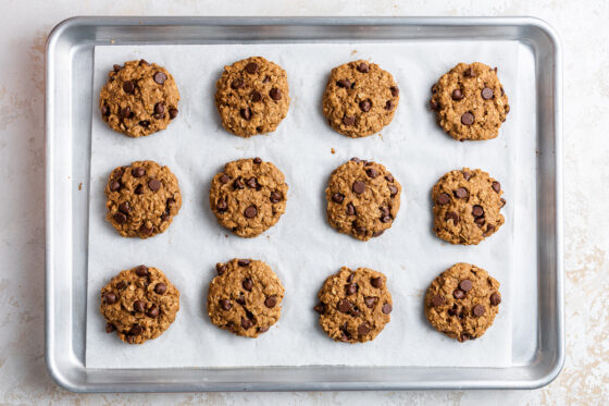 Twelve healthy chocolate chip oatmeal cookies.