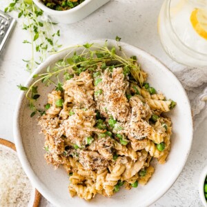 A serving of healthy tuna noodle casserole on a plate.