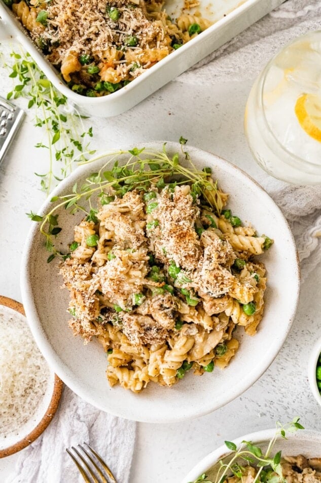 A serving of healthy tuna noodle casserole on a plate.
