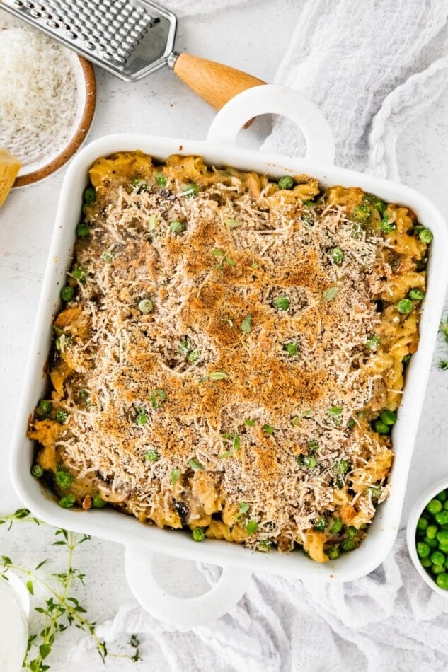 A baking dish containing healthy tuna noodle casserole.