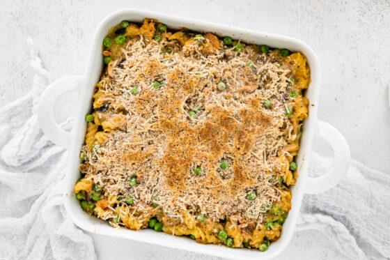 Healthy tuna noodle casserole in a baking dish.