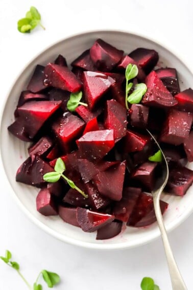 A bowl of beets that were cooked in an Instant Pot.