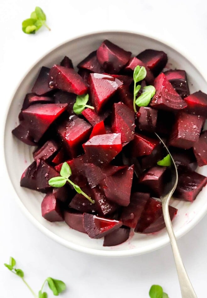 A bowl of beets that were cooked in an Instant Pot.