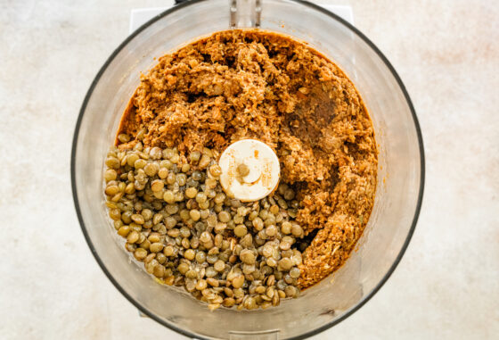 Leftover lentils added to mixture in food processor.