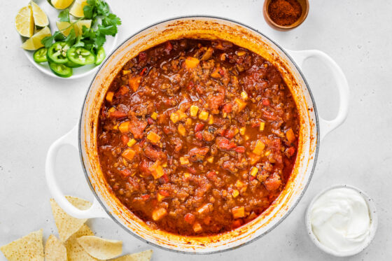 No bean chili simmering in a pot.