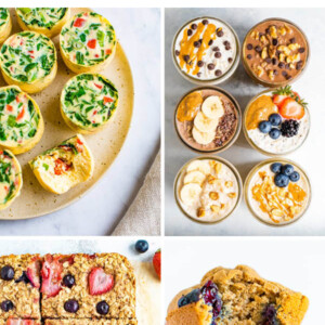 Collage of egg bites, oatmeal bars, overnight oats and blueberry muffins.