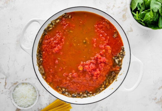 Tomato sauced and vegetable broth added to the pot.