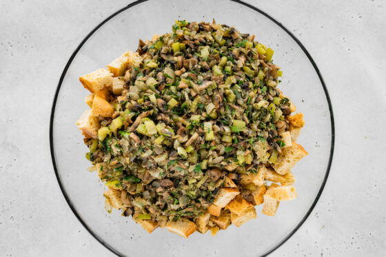 Vegetable mixture poured on top of sourdough cubes in a bowl.