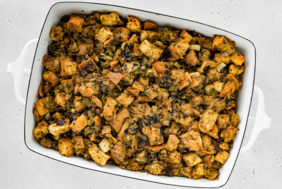 Sourdough stuffing in a serving dish.