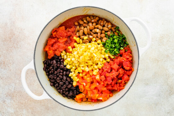 Soup ingredients added to pot.