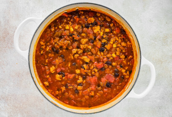 Taco soup simmering in pot.