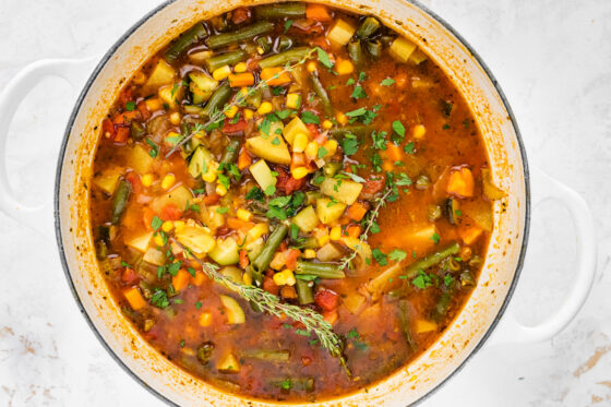 Vegetable soup ready to serve in pot.