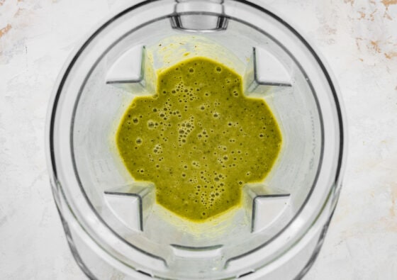 Chili verde mixture in a food processor.
