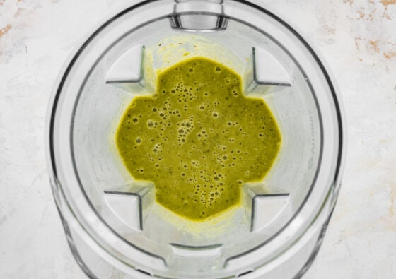 Chili verde mixture in a food processor.