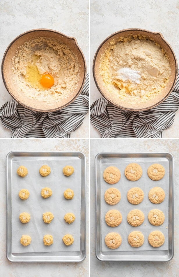 Collage of four photos showing the process to make Almond Cookies: from making the patter, to baking the cookies.