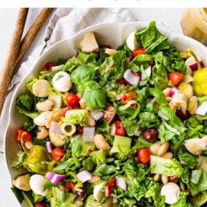 Antipasto salad in a large serving bowl.