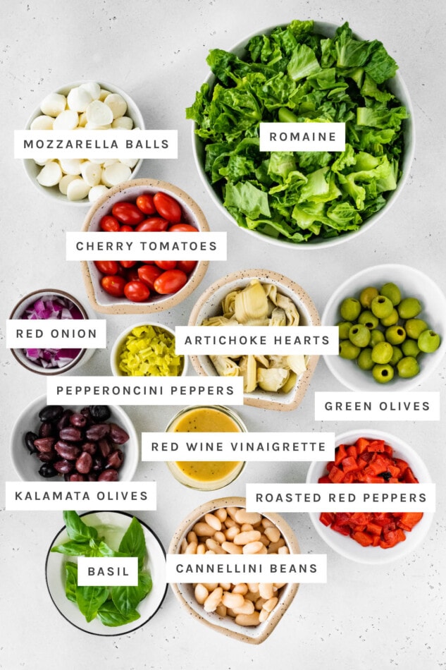 Ingredients measured out to make an Antipasto Salad: mozzarella balls, romaine, cherry tomatoes, red onion, artichoke hearts, red onion, pepperoncini peppers, green olives, red wine vinaigrette, kalamata olives, roasted red peppers, basil and cannellini beans.