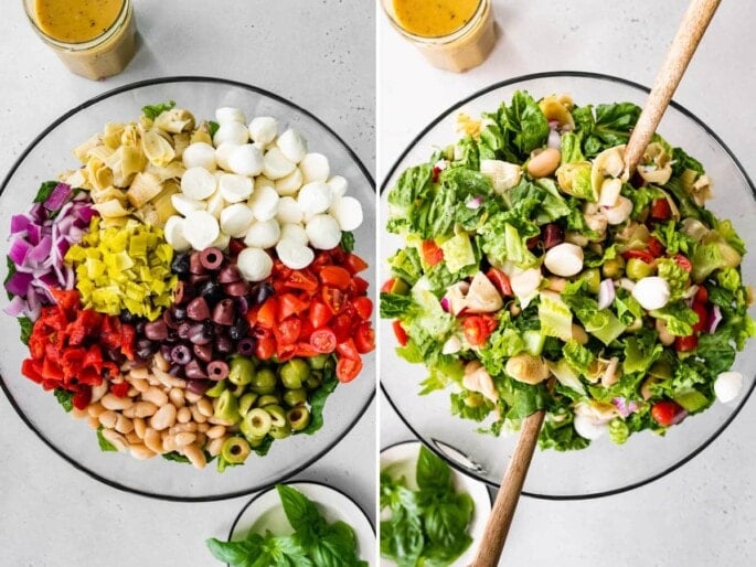 Side by side photos of an Antipasto Salad in a mixing bowl, before and after the ingredients are tossed together.