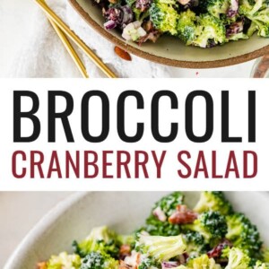Serving bowl of a broccoli cranberry salad. Photo below is of a serving of the salad on a plate with a fork.